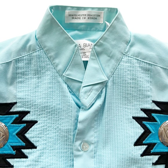 Vtg Moda Bianco Western Button Down Shirt Tuxedo Embroidered Concho Teal Sz S - Picture 3 of 12